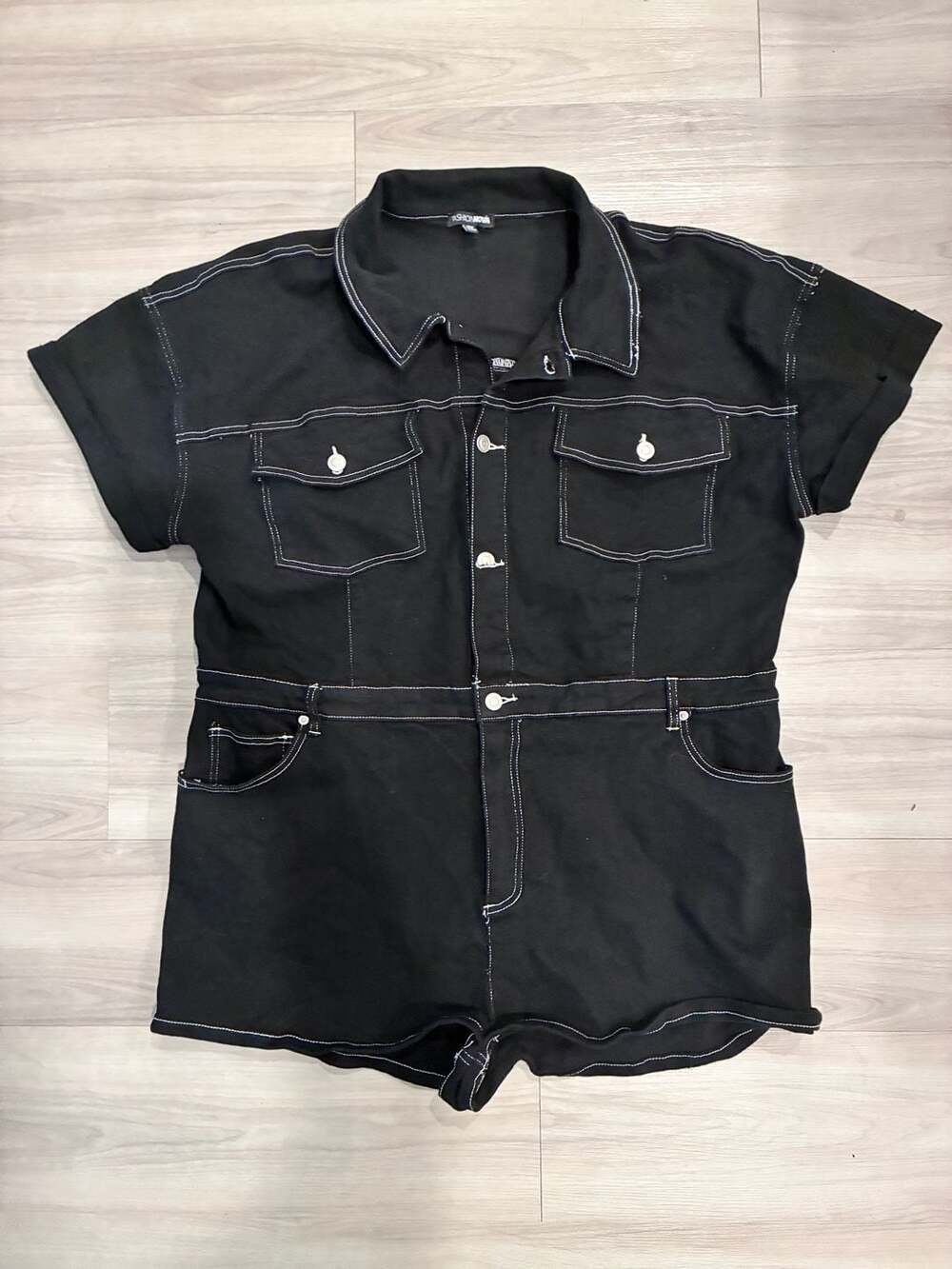 Fashion Nova Talk To Me Denim Romper Size 3X Black Contrast Stitch